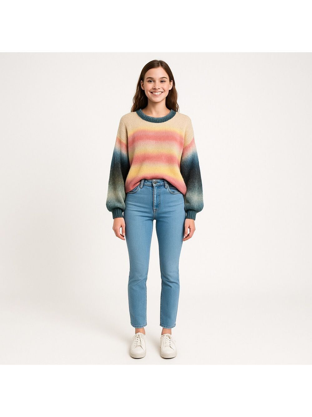 Storia Women's Multi Colored Ombre Chunky Knit Balloon Sleeve Crewneck Sweater